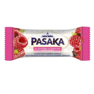 Barrita de requesón con frambuesa cubierta en chocolate blanco «Pasaka», 40 g