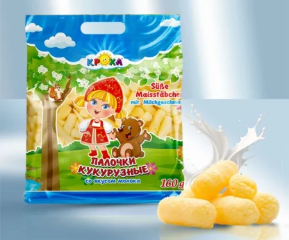 Gusanitos de maiz dulces con sabor de leche Krokha «Lackmann», 160 g