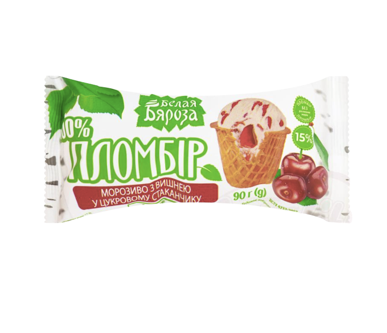 Helado en vasito Plombir con cereza "Belaja berjoza" 90 г