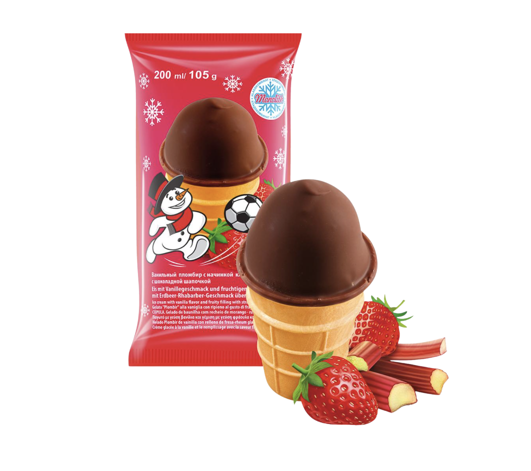 Helado de vainilla con fresa, ruibarbo y cobertura de chocolate «Monolith», 200 ml