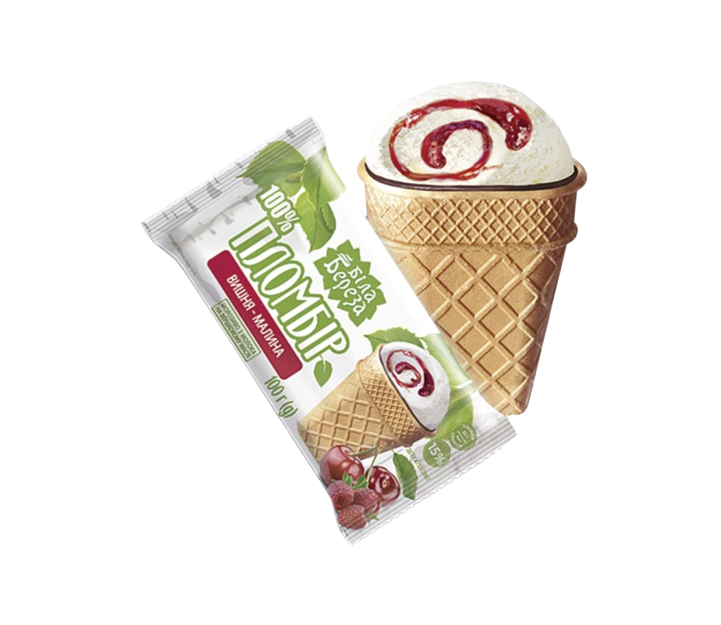 Helado en vasito Plombir con cereza y frambuesa "Belaja berjoza" 100 g